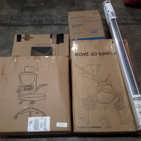 PALLET CONTAINING ASSORTED PRODUCTS INCLUDING OFFICE CHAIR, STROLLER, ROLLER BLIND, 24" MONITOR & STEAM STERILIZER AND DRYER