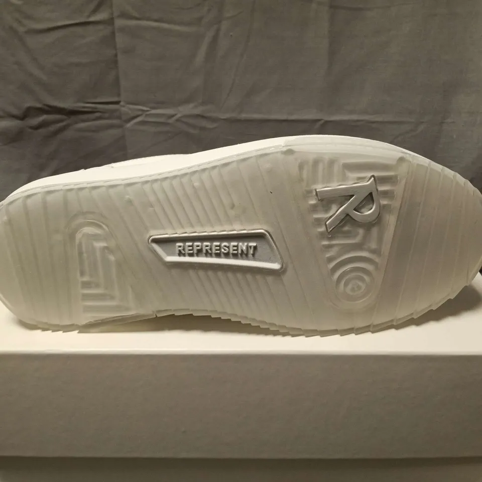 BOXED PAIR OF REPRESENT TUMBLE MIX LEATHER TRAINERS IN FLAT WHITE - UK 10