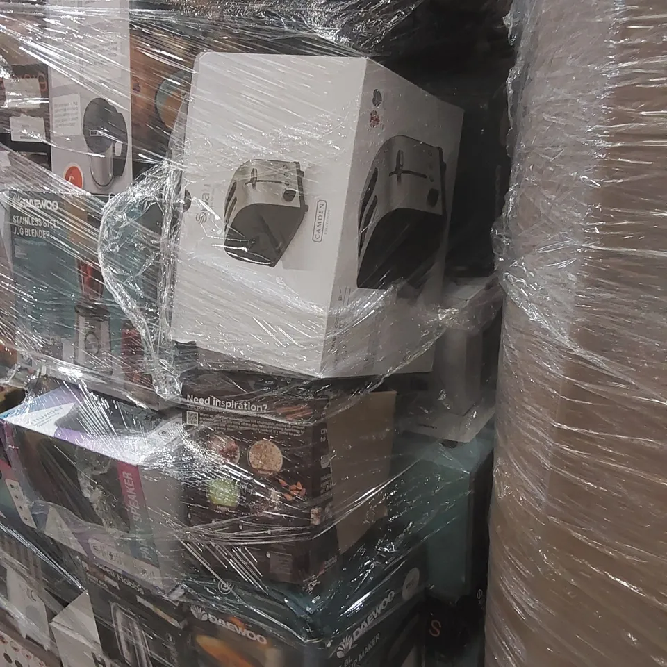 PALLET CONTAINING A VERY LARGE QUANTITY OF ASSORTED HOME APPLIANCES INCLUDING: KETTLES, BLENDER, SOUP MAKERS, TOASTER, PARTY SPEAKER, FAN HEATER, AIR FRYER, SMART KARAOKE SET ECT