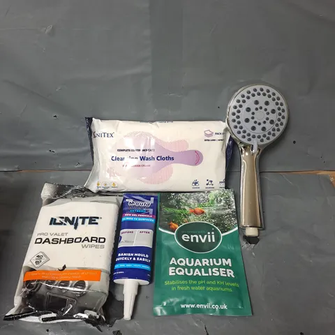 APPROXIMATELY 15 HOUSEHOLD ITEMS TO INCLUDE CLEANSING WASH CLOTHS, SHOWER HEAD AND ENVII AQUARIUM EQUALISER