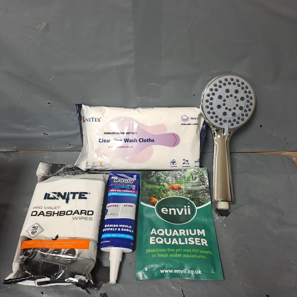 APPROXIMATELY 15 HOUSEHOLD ITEMS TO INCLUDE CLEANSING WASH CLOTHS, SHOWER HEAD AND ENVII AQUARIUM EQUALISER