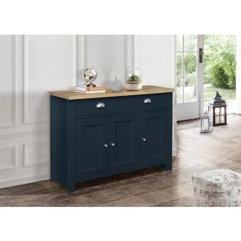 BOXED HIGHGATE 3 DOOR 2 DRAWER SIDEBOARD IN NAVY BLUE & OAK (2 BOXES)