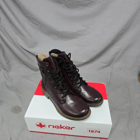 RIEKER BURGUNDY LEATHER BOOTS, LACE-UP – UK 8 (EU 42)