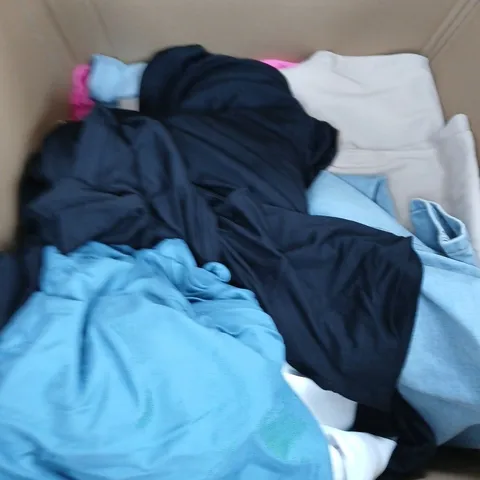 LARGE BOX OF APPROXIMATELY 30 ASSORTED CLOTHING ITEMS IN VARIOUS COLORS , STYLES AND SIZES
