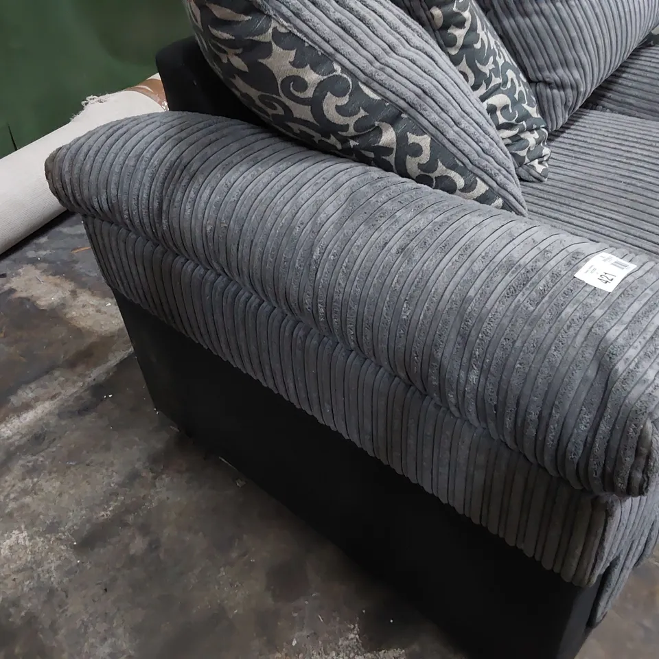 DESIGNER THREE SEATER SOFA WITH SCATTER CUSHIONS BLACK FAUX LEATHER & GREY JUMBO CHORD 