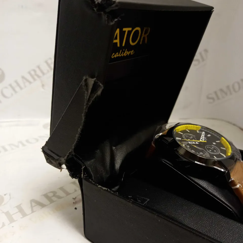 LATOR CALIBRE BLACK & YELLOW FACE SUEDE LEATHER STRAP WATCH RRP £635