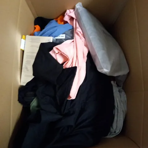  BOX OF ASSORTED CLOTHING ITEMS TOO INCLUDE DRESSES , SHIRTS AND TROUSERS IN VARIOUS SIZES AND COLOURS   