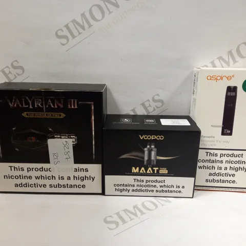 BOX OF APPROXMATELY 25 E-CIGARETTES AND LIQUIDS TO INCLUDE ASPIRE FAVOSTIX, VOOPOO MAAT TANK, VALYRAN III KIT, ETC