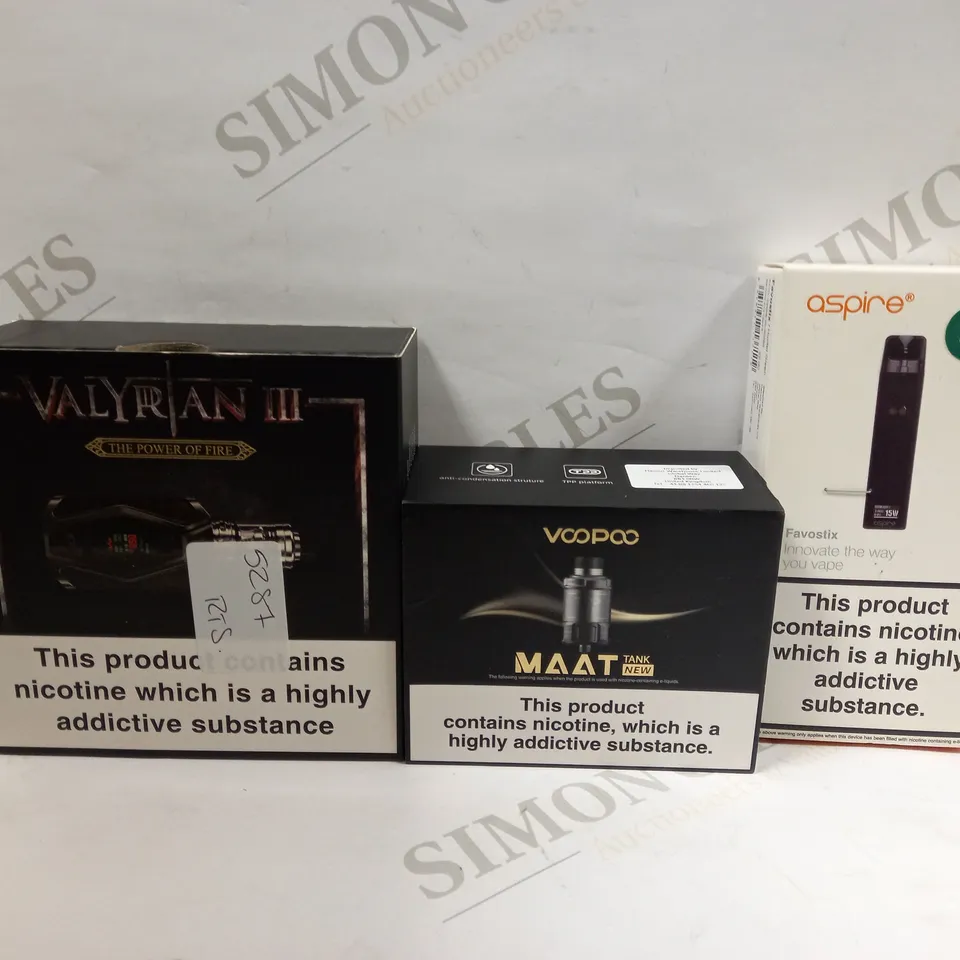 BOX OF APPROXMATELY 25 E-CIGARETTES AND LIQUIDS TO INCLUDE ASPIRE FAVOSTIX, VOOPOO MAAT TANK, VALYRAN III KIT, ETC