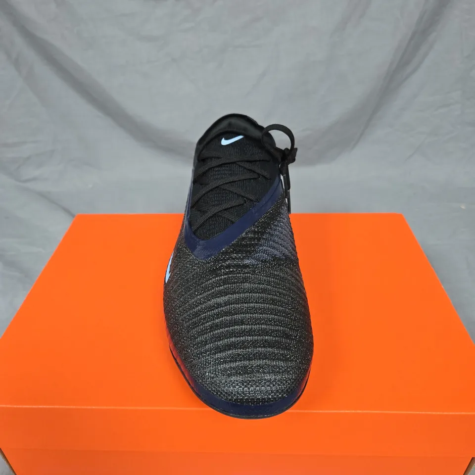 NIKE FOOTBALL BOOTS – BLACK KNIT UPPER WITH LIGHT-BLUE SWOOSH. UK SIZE 11.5