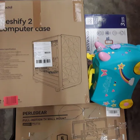 PALLET TO CONTAIN AN ASSORTMENT OF HOUSEHOLD ITEMS TO INCLUDE COMPUTER CASE CHILDREN'S TOYS, TV WALL MOUNT AND RUGS ECT