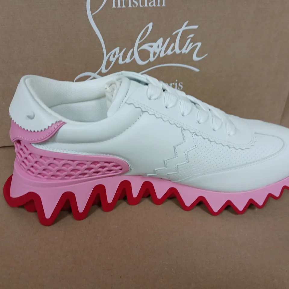 BOXED PAIR OF CHRISTIAN SOUBOUTIN LOUBI SHARK TRAINERS IN WHITE/CALIPSO