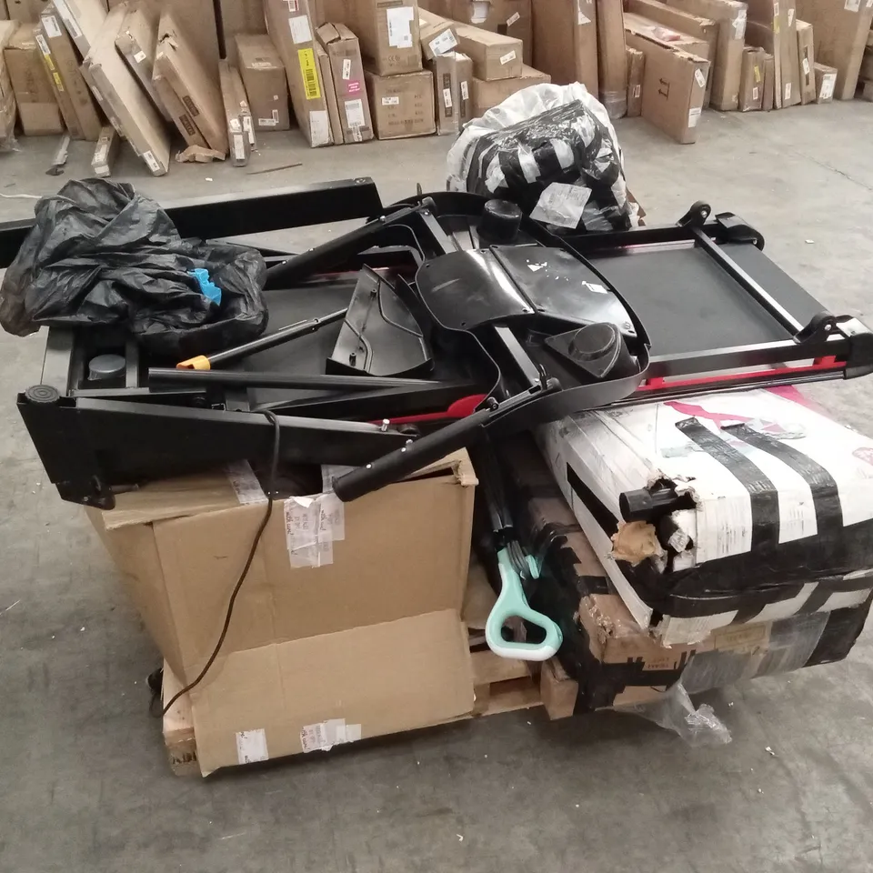 PALLET OF ASSORTED HOUSEHOLD GOODS AND PRODUCTS TO INCLUDE; TREADMILL, TRAMPOLINE PARTS ETC