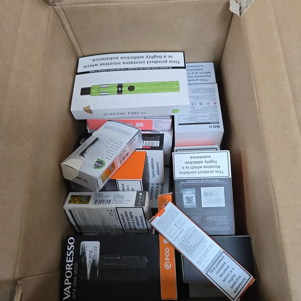 BOX OF APPROXIMATELY 30 ASSORTED E-CIGARETTES AND ACCOMPANIMENTS TO INCLUDE: VARIOUS ASPIRE PRODUCTS 