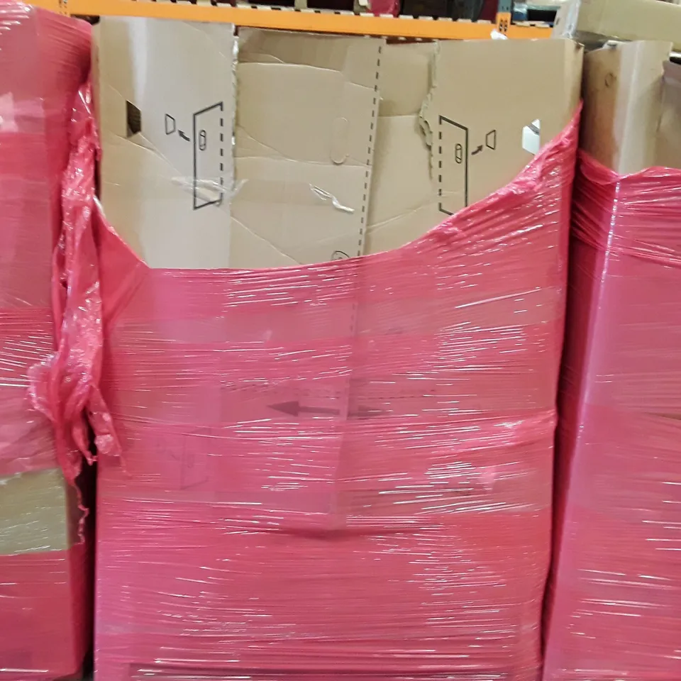 PALLET TO CONTAIN AN ASSORTMENT OF HOUSEHOLD ITEMS TO INCLUDE GEORGE FORMAN GRILL, WALL CLOCK SPACERS FOR DRY WALL AND PORTABLE BED RAIL ECT