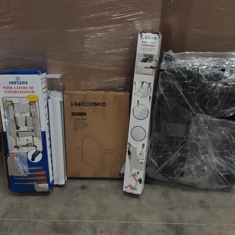 PALLET OF ASSORTED ITEMS INCLUDING: CLOTHES HANGER, WINDOW BLINDS, RETRACTABLE SAFETY GATE, TOILET SEAT, TROLLEY