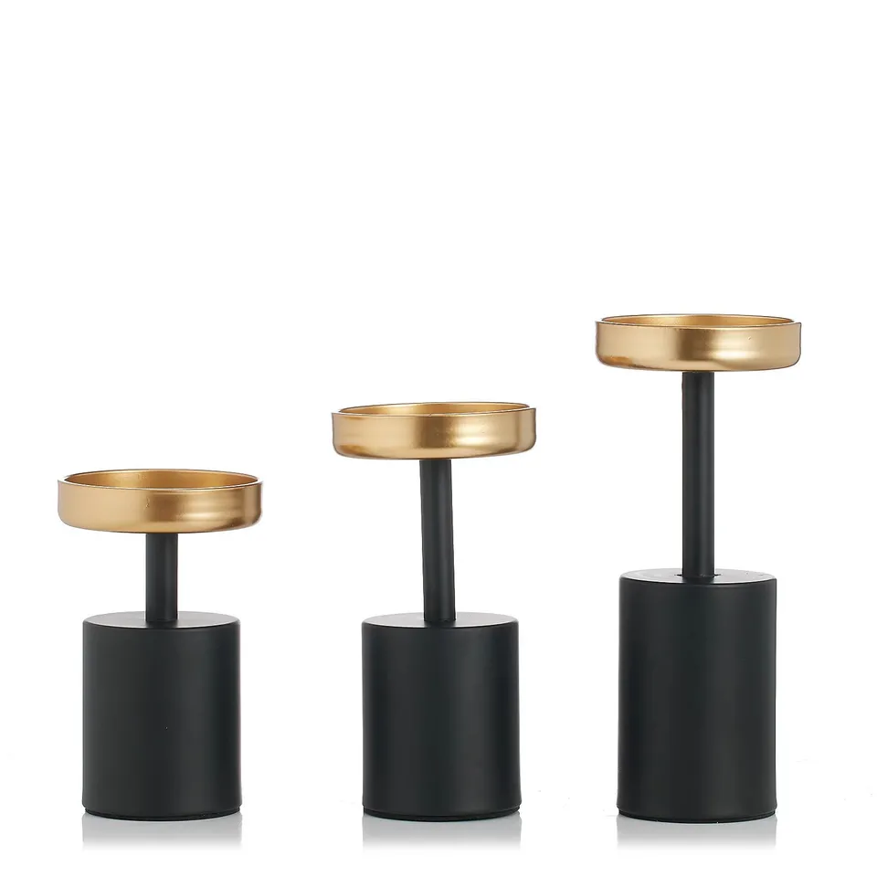 LUXENOA SET OF 3 GOLD AND BLACK PILLAR CANDLE STANDS