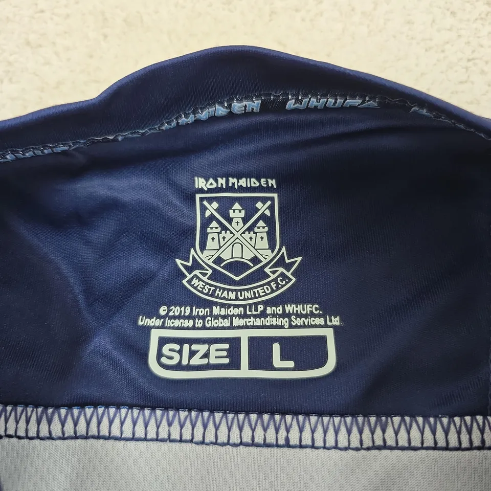 IRON MAIDEN X WEST HAM UNITED FC FOOTBALL T‑SHIRT – NAVY, UK SIZE L