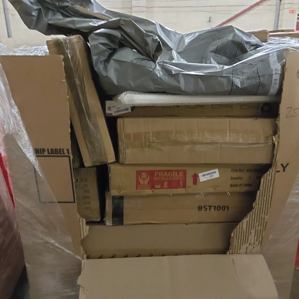 PALLET TO CONTAIN ASSORTED HOUSEHOLD ITEMS AND CONSUMER PRODUCTS. INCLUDING LAPTOP STAND, MAKEUP MIRROR, HEATER, COOKING HOB, BOXED FURNITURE ETC