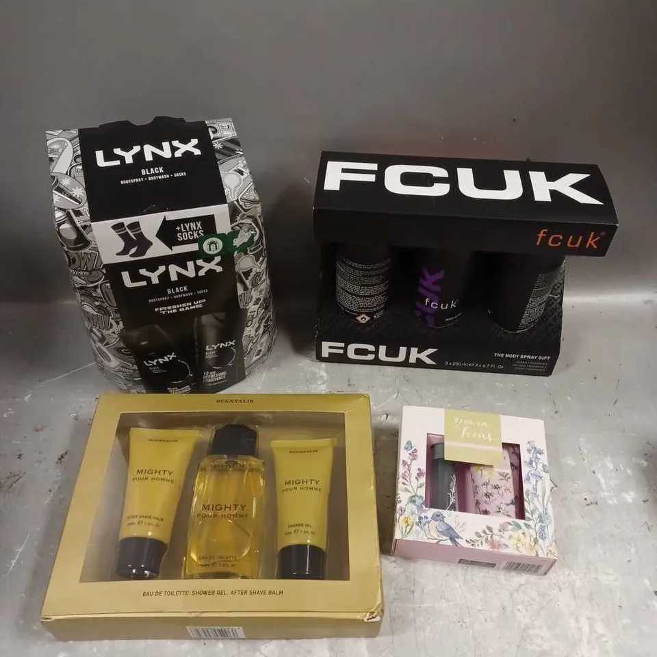 LOT OF 4 ASSORTED COSMETIC BOXSETS TO INCLUDE - LYNX BLACK SOCKS SET - FCUK BODY SPRAY GIFT - SCENTALIS EAU DE TOILETTE TRIO