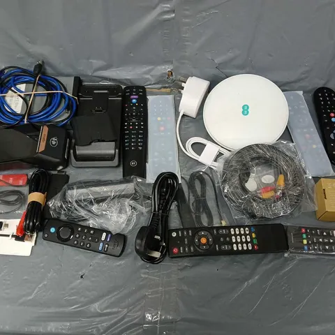 APPROXIMATELY 20 ASSORTED HOUSEHOLD ITEMS TO INCLUDE - REMOTES, FIRE STICK, AND CHARGERS ETC. 