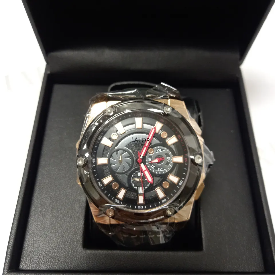 LATOR CALIBRE BLACK TRIPLE DIAL LEATHER STRAP WRISTWATCH