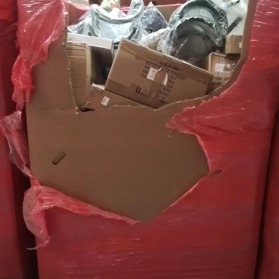 PALLET CONTAINING VARIOUS ASSORTED BOXED HOUSEHOLD ITEMS TO INCLUDE: KIDS RIDE ON, TOILET SEAT, PLANT SUPPORTS, CAMPING TABLE, SNUG KIDS BACKPACKS AND LOTS MORE UNMARKED BOXED ITEMS 