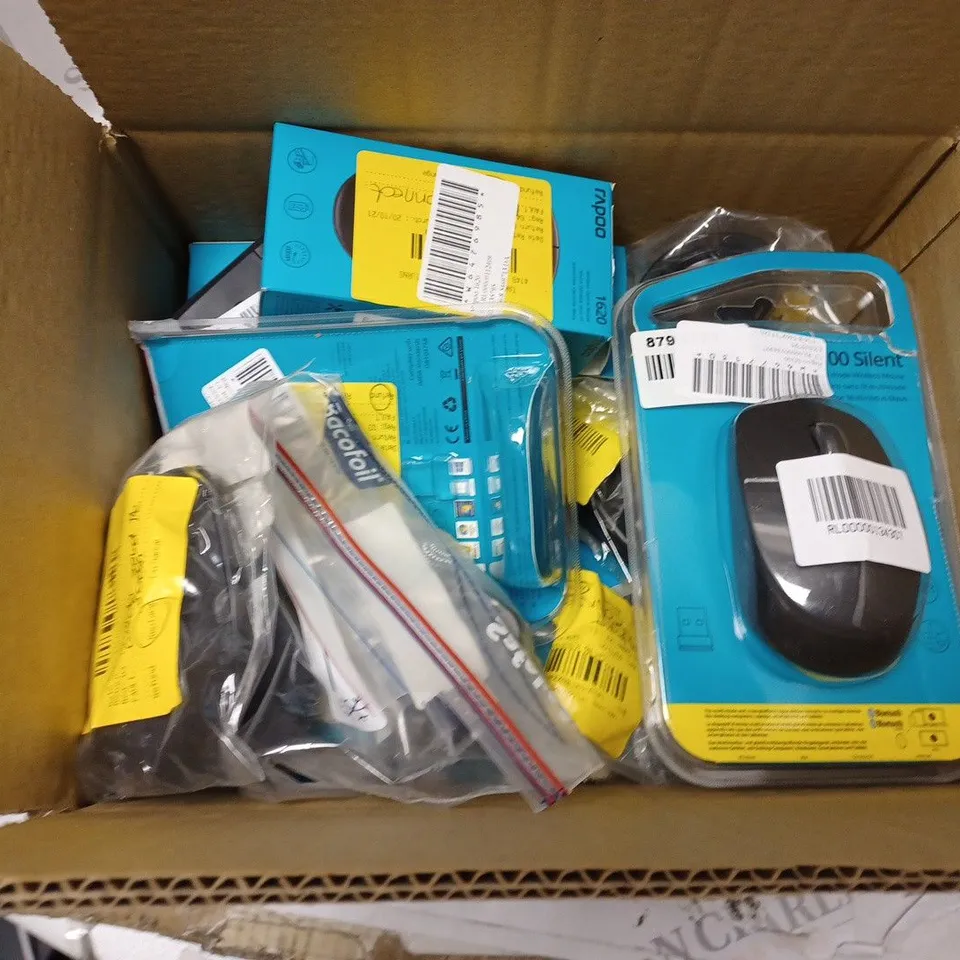 APPROXIMATELY 10 SMALL PERIPHERALS TO INCLUDE RAPOO 1620 MOUSE, RAPOO M100 MOUSE, ETC