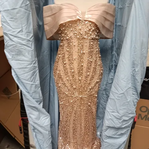 FAERIESTY SEQUIN EVENING DRESS – CHAMPAGNE OFF-SHOULDER GOWN, SIZE S