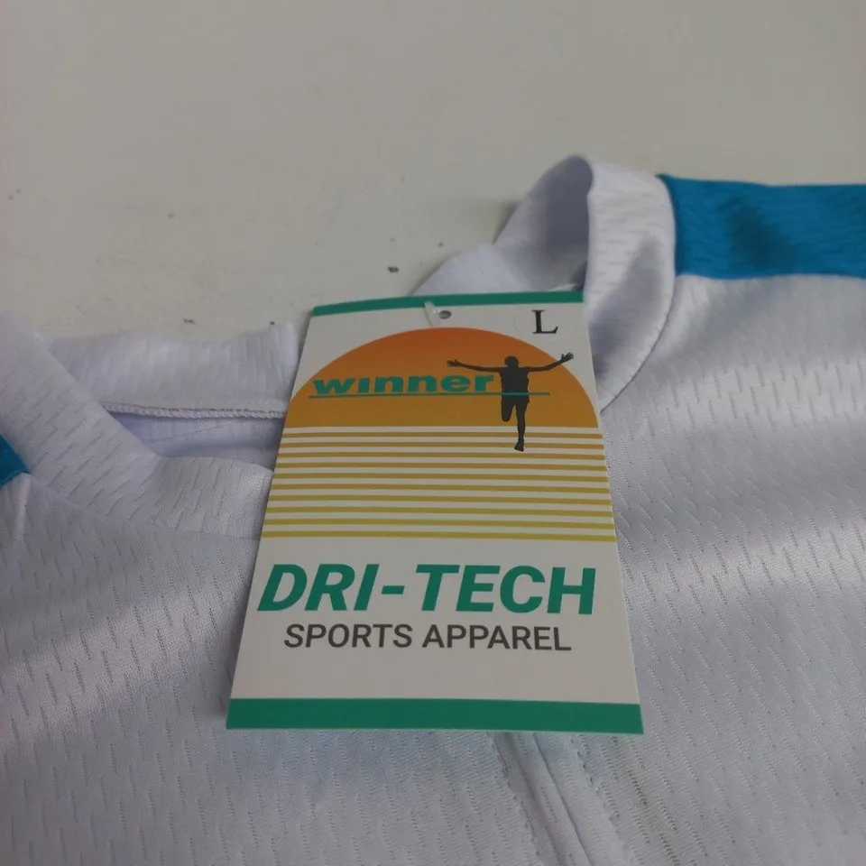 DRI-TECH SPORTS APPAREL CYCLING JERSEY – MEN'S – UK L – WHITE WITH BLUE PANELS AND SPONSOR LOGOS