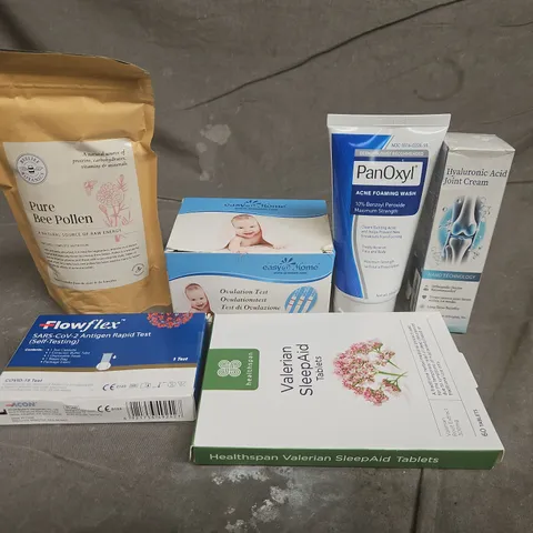 APPROX 10 ASSORTED ITEMS TO INCLUDE - PURE BEE POLLEN, OVULATION TEST KIT, PANOXYL ACNE WASH, HYALURONIC ACID JOINT CREAM, HEALTHSPAN VALERIAN SLEEPAID TABLETS, FLOWFLEX SARS-COV-2 ANTIGEN RAPID TEST