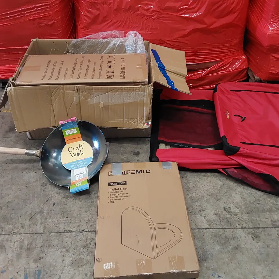 PALLET OF ASSORTED ITEMS INCLUDING: CHRISTMAS DECORATIONS, WOK FRYING PAN, TOILET SEATS, PET TENT
