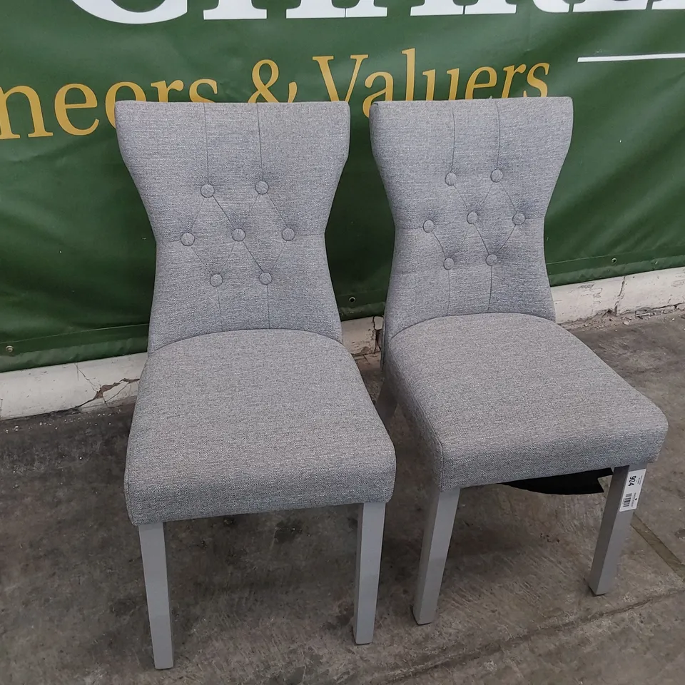 PAIR UPHOLSTERED BUTTONED BACK DINING CHAIRS GREY FABRIC ON GREY PAINTED LEGS 