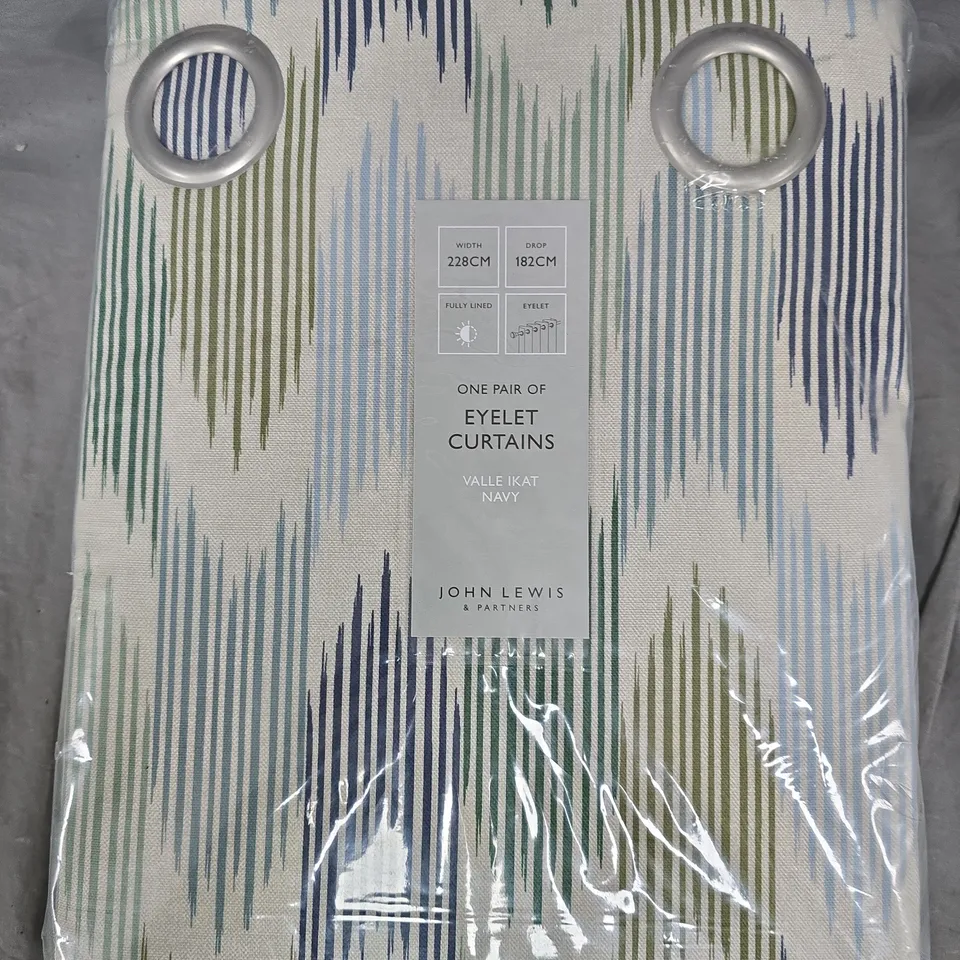 JOHN LEWIS VALLE IKAT NAVY EYELET CURTAINS – ONE PAIR, 228 CM X 182 CM