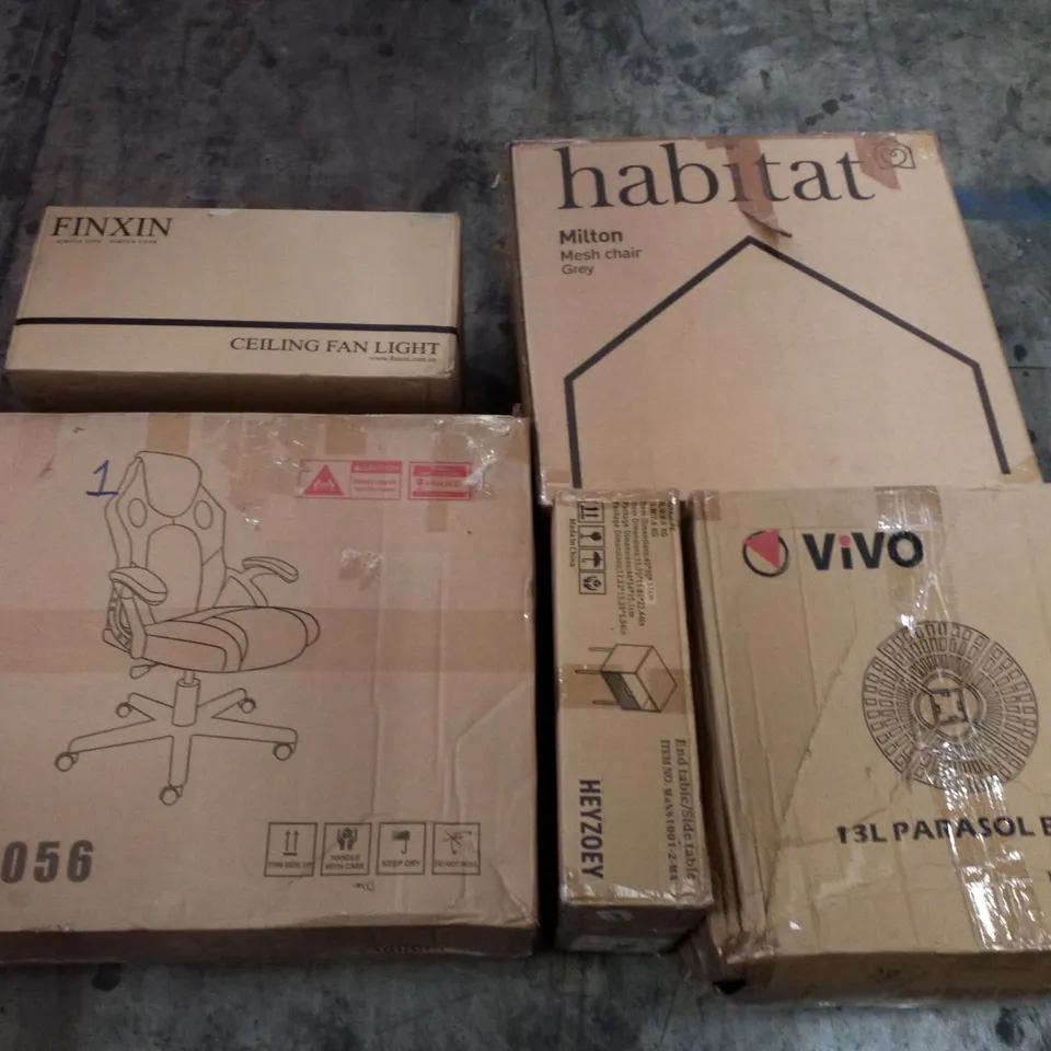 PALLET OF ASSORTED PRODUCTS INCLUDING MESH CHAIR, CEILING FAN LIGHT, 13L PARASOL BASE, END TABLE, GAMING CHAIR 