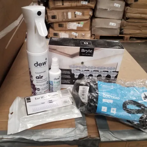 BOX CONTAINING ASSORTED PRODUCTS INCLUDING DEW AIR FRESHENER & DEODORISER, DEW TOY & SURFACE CLEANER, EAR WAX REMOVER, 50W HALOGEN BULBS & DOG LEAD