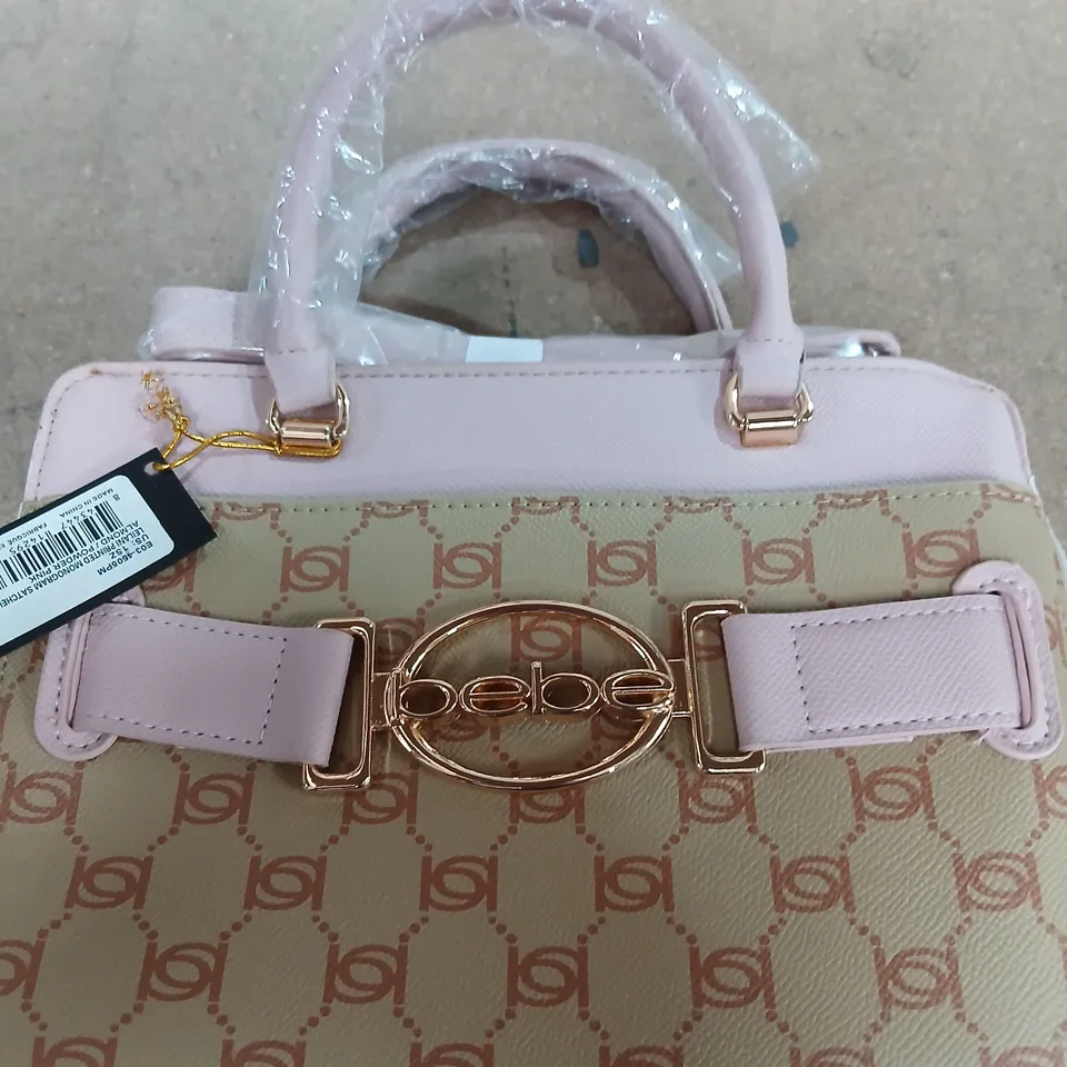BEBE MONOGRAM SATCHEL BAG – PINK & BEIGE WITH GOLD LOGO HARDWARE