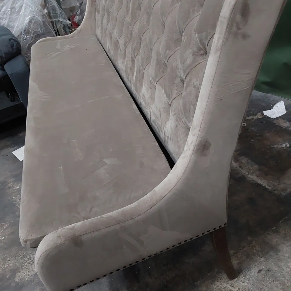 DESIGNER UPHOLSTERED BUTTONED BACK BENCH WITH STUDDED DETAIL FAWN PLUSH FABRIC