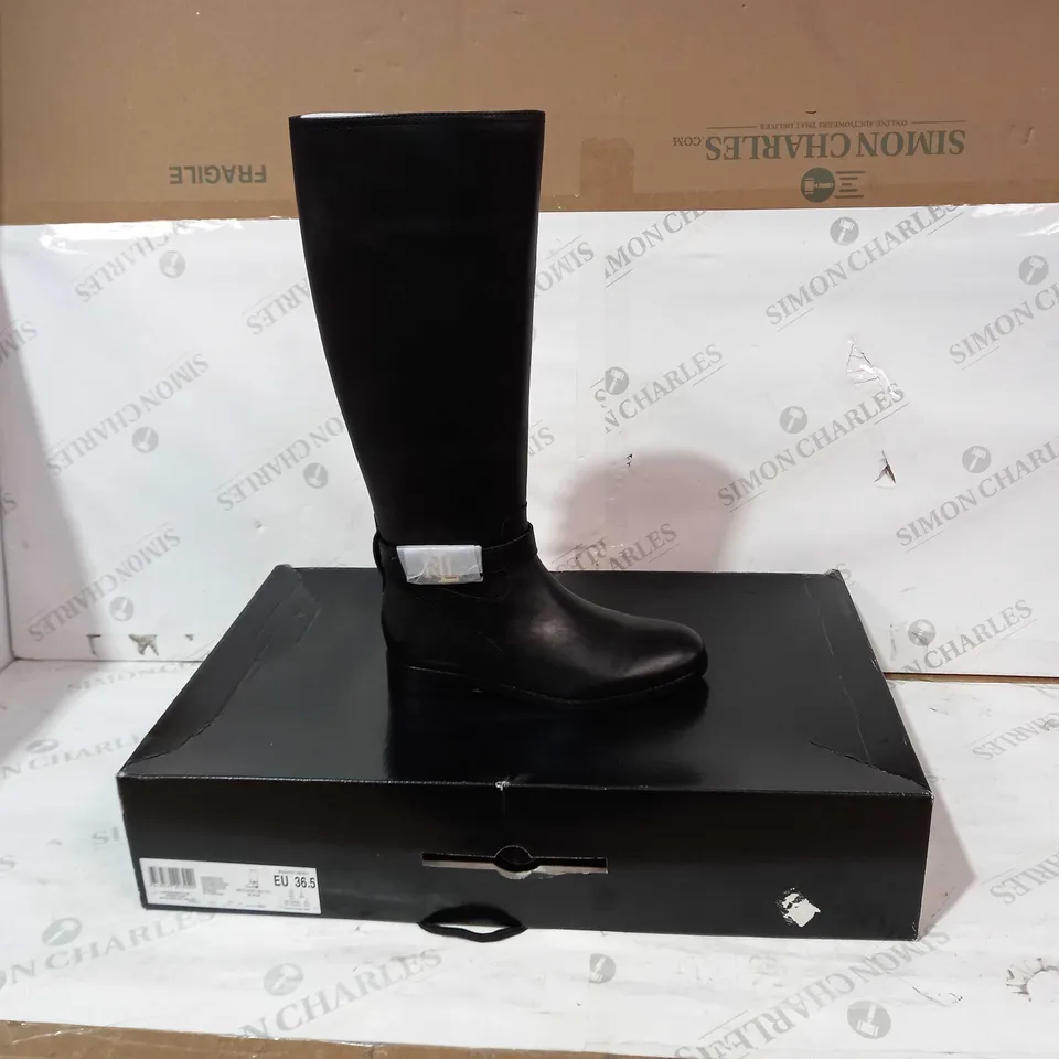 BOXED PAIR OF RALPH LAUREN BRITTANEY HIGH TOP LEATHER BOOTS IN BLACK UK SIZE 4