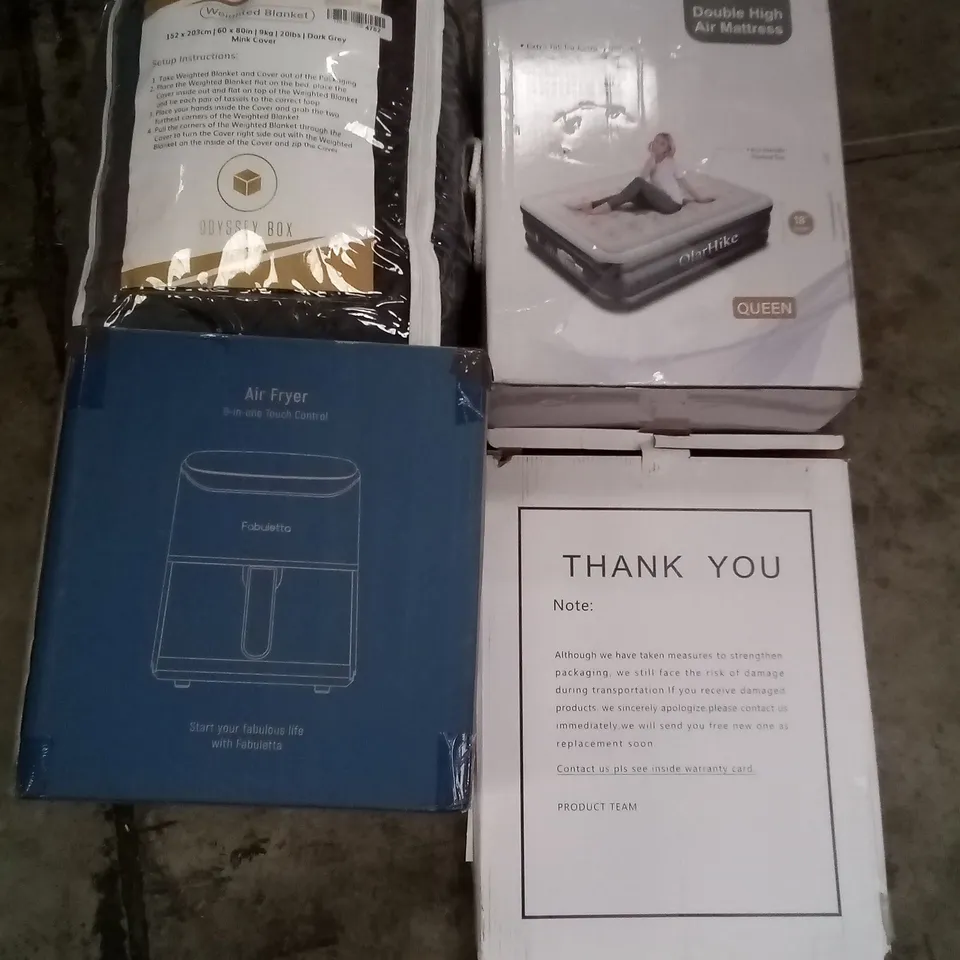 PALLET OF ASSORTED ITEMS INCLUDING OLARHIKE DOUBLE HIGH AIR MATTRESS, WEIGHTED BLANKET, AIR FRYER, TOILET SEAT, GIVE SEAT CUSHION, PVC 3D WALL PANEL