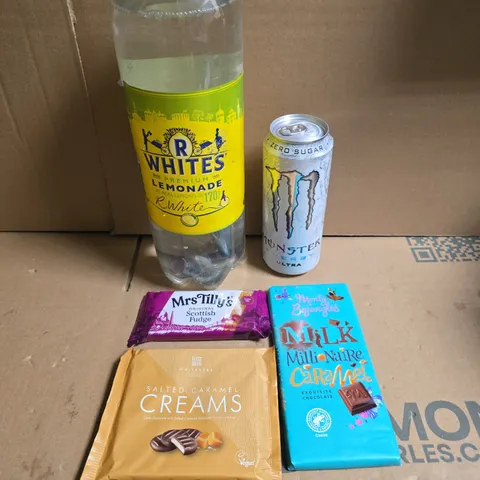 APPROXIMATELY 10 ASSORTED FOOD/DRINK PRODUCTS TO INCLUDE MONSTER ENERGY DRINKS, SALTED CARAMEL CREAMS, SCOTTISH FUDGE ETC 