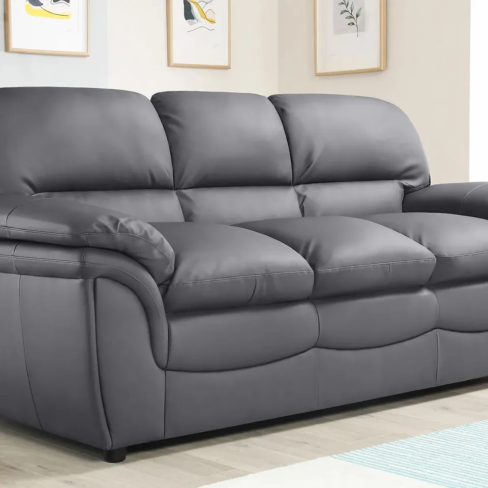 BOXED DESIGNER ROCHESTER GREY LEATHER THREE SEATER SOFA 