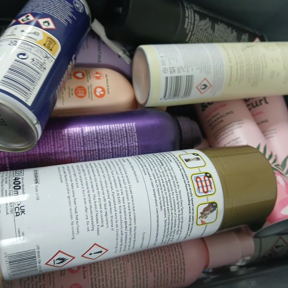 APPROXIMATELY 15 ASSORTED AEROSOLS TO INCLUDE FLORA & CURL STYLE ME, MANE HAIR THICKENING SPRAY, SUNDAE SHOWER FOAM, ETC