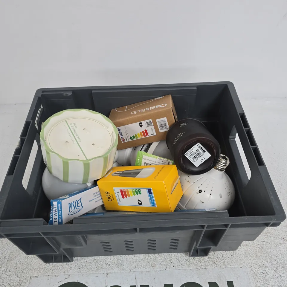 TOTE OF APPROXIMATELY 10 ASSORTED ITEMS INCLUDING EVERYDAY HALOGEN C9 CLEAR 2 PACK, REALME LED SMART BULB AND PISCES 13 WATT UV-C PLS BULB