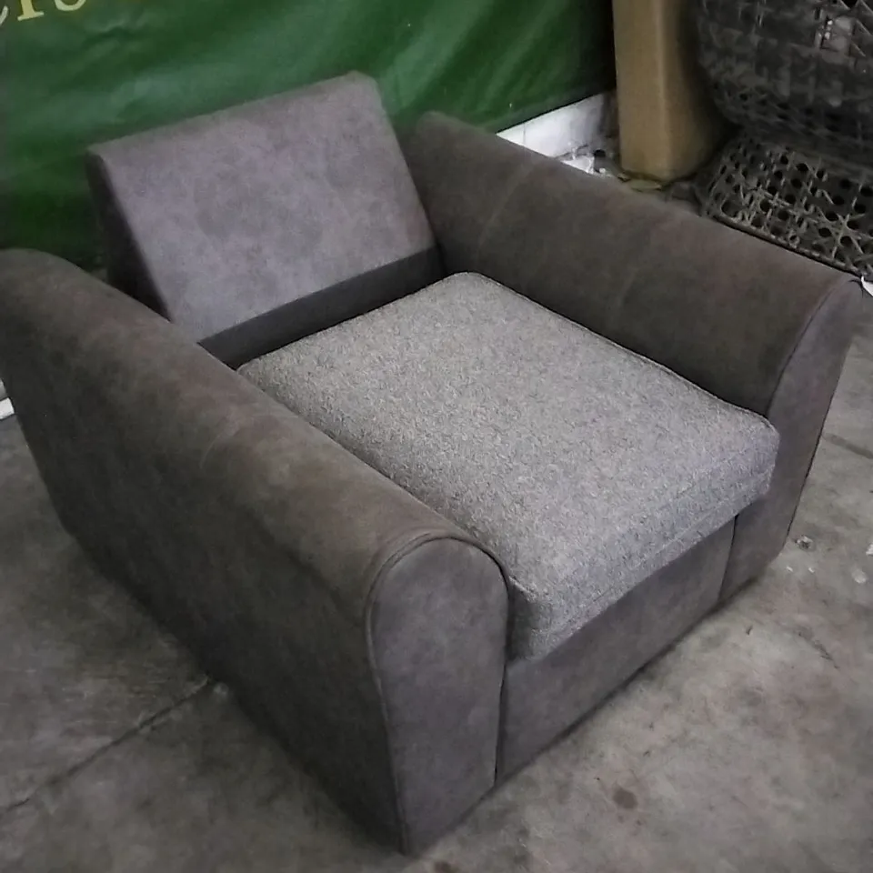 DESIGNER BROWN LEATHER ARMCHAIR WITH GREY CUSHION