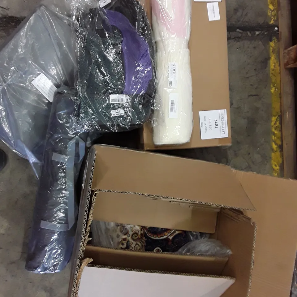 PALLET TO CONTAIN AN ASSORTMENT OF HOUSEHOLD ITEMS TO INCLUDE RUGS, BAGS, KIDS SCOOTER AND SLEEPING PADS ECT