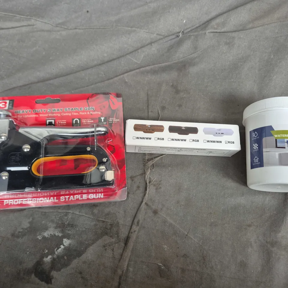 APPROXIMATELY 15 ASSORTED HOUSEHOLD PRODUCTS TO INCLUDE INVISIBLE WATERPROOF AGENT, RGB LED SENSOR LIGHT, STAPLE GUN ETC