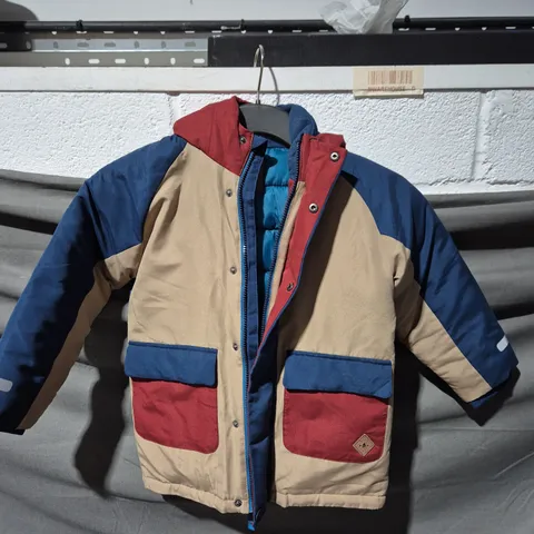 NEXT BOYS COLOUR-BLOCK PUFFER JACKET – BLUE, BEIGE & RED - AGED 5-6 YEARS