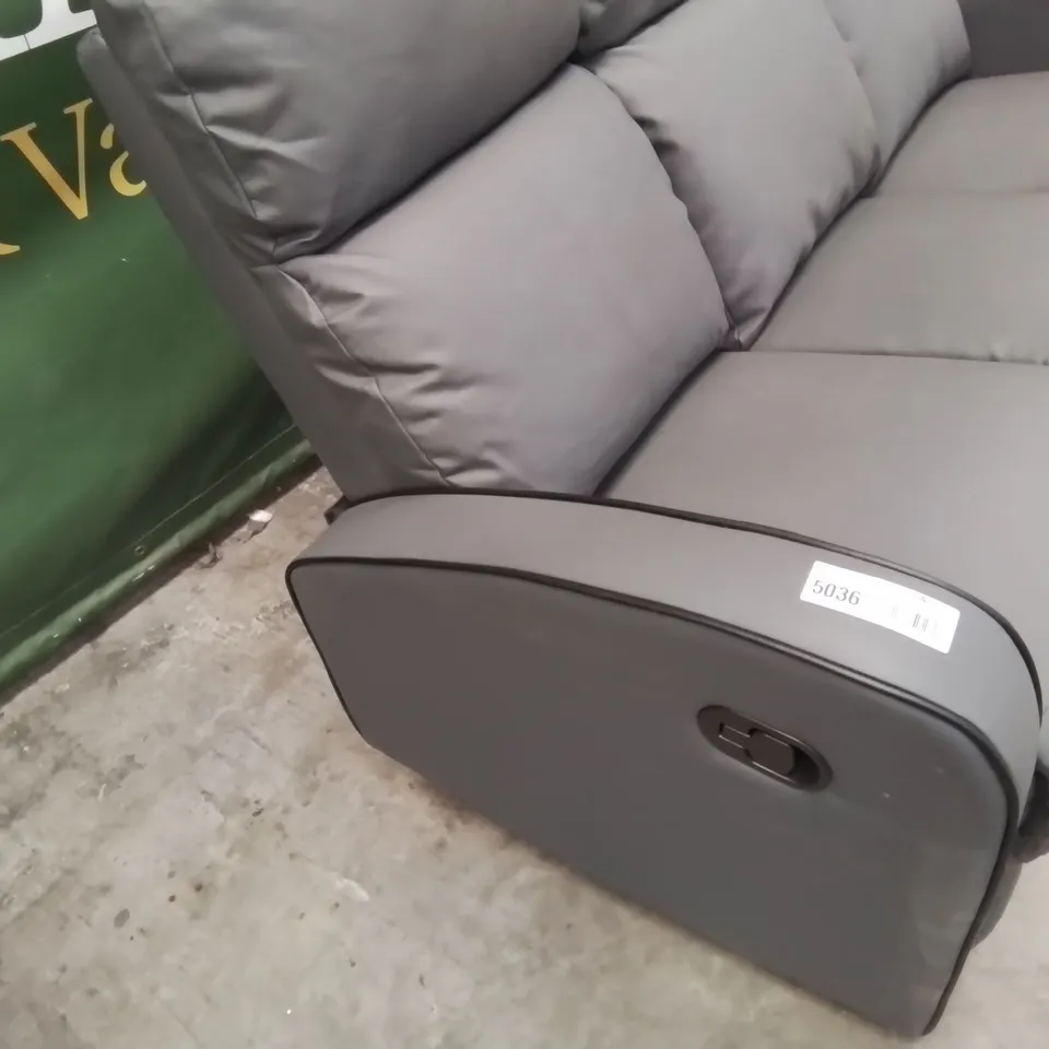 DESIGNER THREE SEATER MANUAL RECLINING SOFA GREY FAUX LEATHER WITH BLACK PIPING