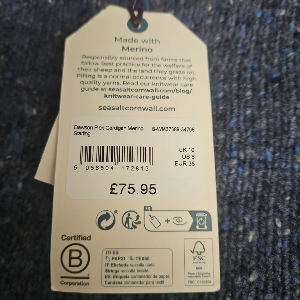 SEASALT CORNWALL DAWSON PICK CARDIGAN MERINO – STARLING, UK 10